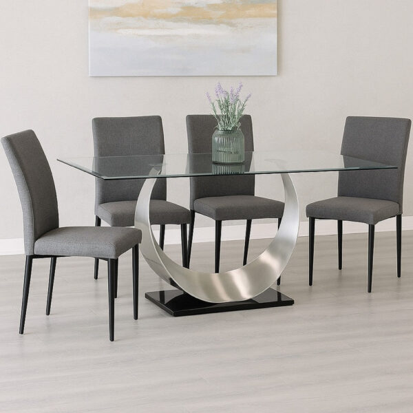 Metal and Glass Dining Table with Unique U Shape Pedestal Base, Chrome and Black