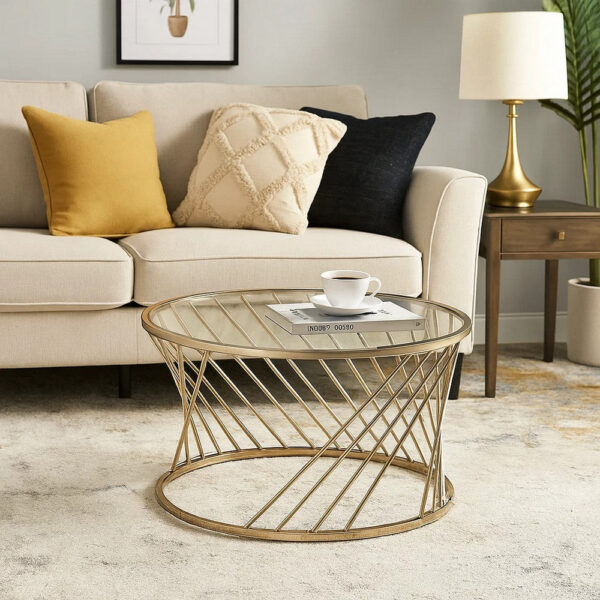 Contemporary Coffee Table with Twisted Metal Base and Round Glass Top, Gold