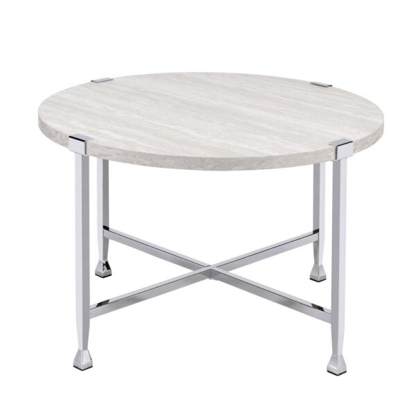Coffee Table with X Shaped Metal Base and Round Wooden Top,Silver and Beige