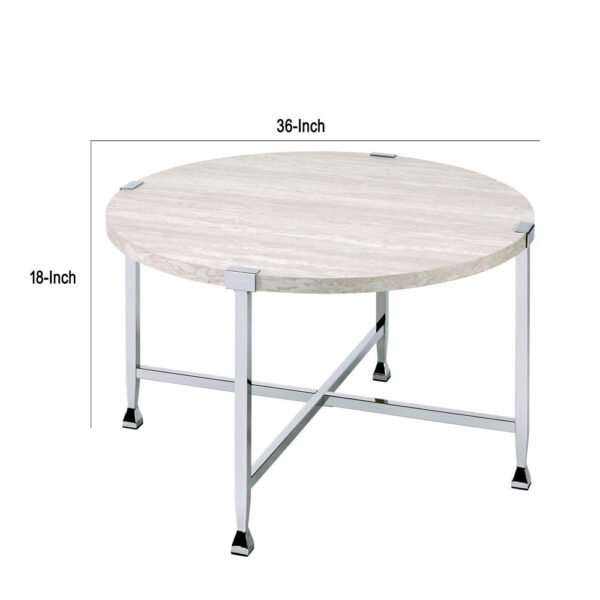 Coffee Table with X Shaped Metal Base and Round Wooden Top,Silver and Beige