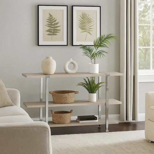 1502202669911f591c8d9.jpeg Sofa Table with X Shaped Metal Base and 2 Storage Shelves, Silver and Beige