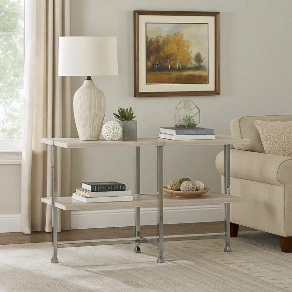 1502202669911f5ad208d.jpeg Sofa Table with X Shaped Metal Base and 2 Storage Shelves, Silver and Beige