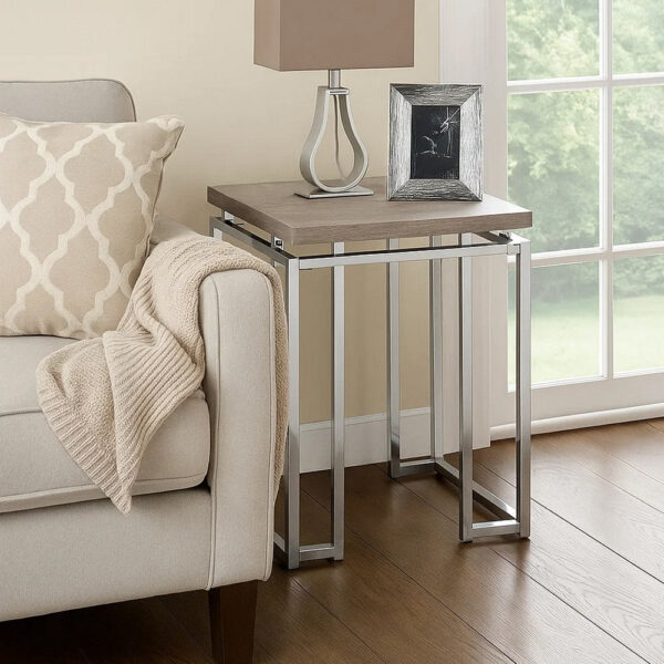 End Table with Rectangular Tabletop and Metal Legs, Silver and Brown