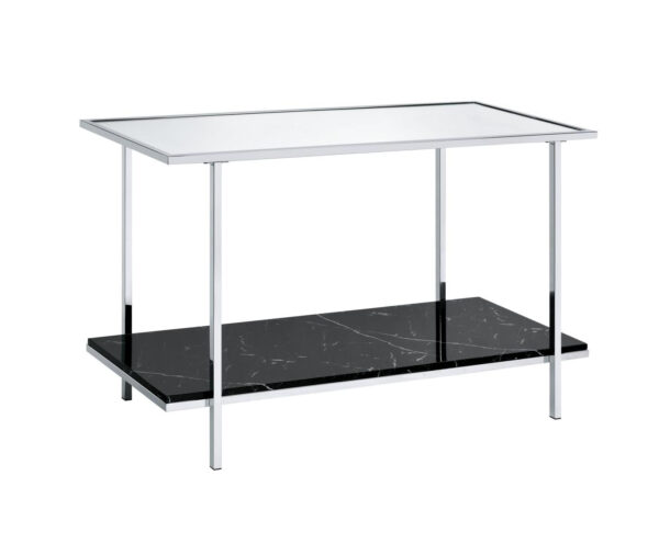 Console Table with Mirror Top and Faux Marble Open Bottom Shelf, Silver