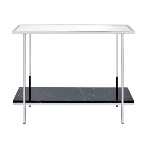 Console Table with Mirror Top and Faux Marble Open Bottom Shelf, Silver