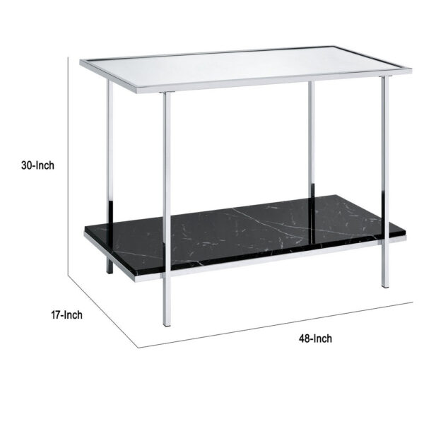 Console Table with Mirror Top and Faux Marble Open Bottom Shelf, Silver