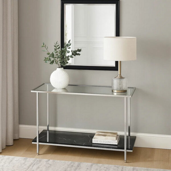Console Table with Mirror Top and Faux Marble Open Bottom Shelf, Silver