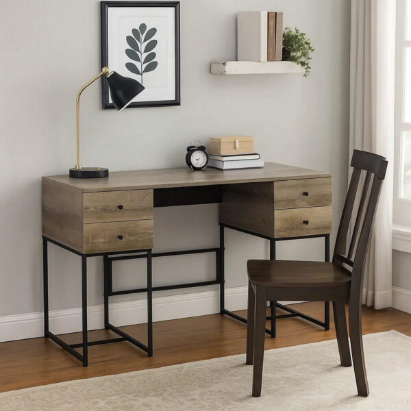 Wooden Desk with 4 Drawers and Tubular Metal Support, Brown and Black