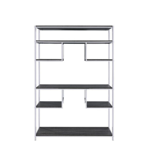 Etagere Bookshelf with 7 Shelves and Geometric Pattern,Silver and Dark Gray