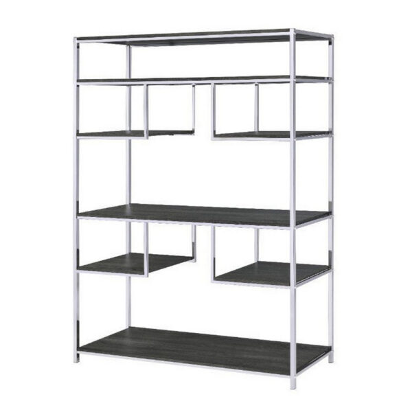 Etagere Bookshelf with 7 Shelves and Geometric Pattern,Silver and Dark Gray