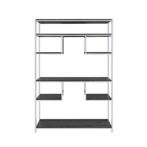 Etagere Bookshelf with 7 Shelves and Geometric Pattern,Silver and Dark Gray