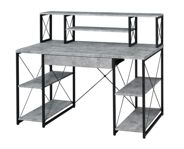Metal Desk with 4 Open Bottom Shelves and Bookcase Hutch, Gray and Black