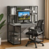 Metal Desk with 4 Open Bottom Shelves and Bookcase Hutch, Gray and Black
