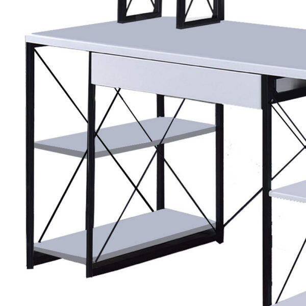 Industrial Style Desk with 4 Open Selves and Bookcase Hutch, White
