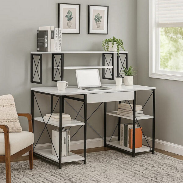 Industrial Style Desk with 4 Open Selves and Bookcase Hutch, White