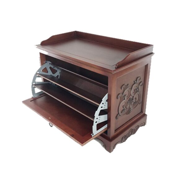 Engraved Wooden Shoe Cabinet with Drop Down Opening and Metal Hinges, Brown