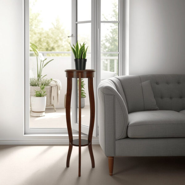 150220266991214cb74b7.jpeg Round Pedestal Stand with Open Bottom Shelf and Flared Legs, Brown