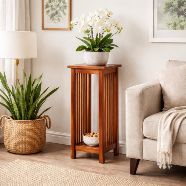 150220266991217976d4b.jpeg 30 Inch Wooden Flower Stand with Bottom Shelf and Slatted Sides, Brown