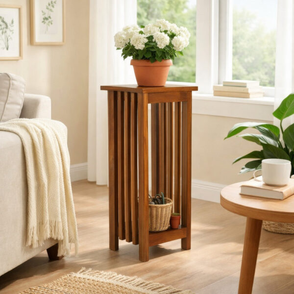 150220266991217b27548.jpeg 30 Inch Wooden Flower Stand with Bottom Shelf and Slatted Sides, Brown