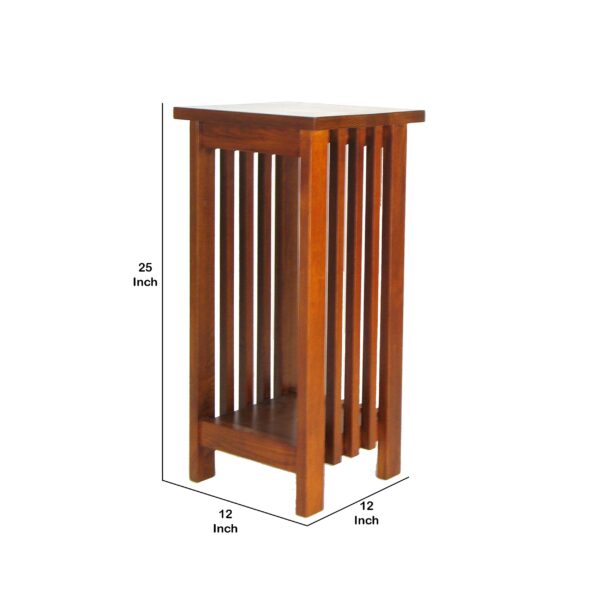 15022026699121bf1e579.jpeg 25 Inch Wooden Flower Stand with Slatted Sides and Bottom Shelf, Brown