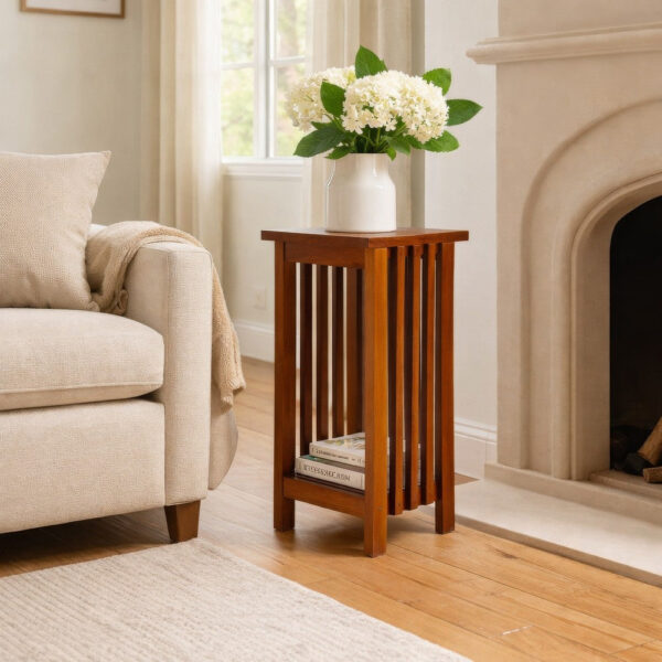 15022026699121c5bff0c.jpeg 25 Inch Wooden Flower Stand with Slatted Sides and Bottom Shelf, Brown