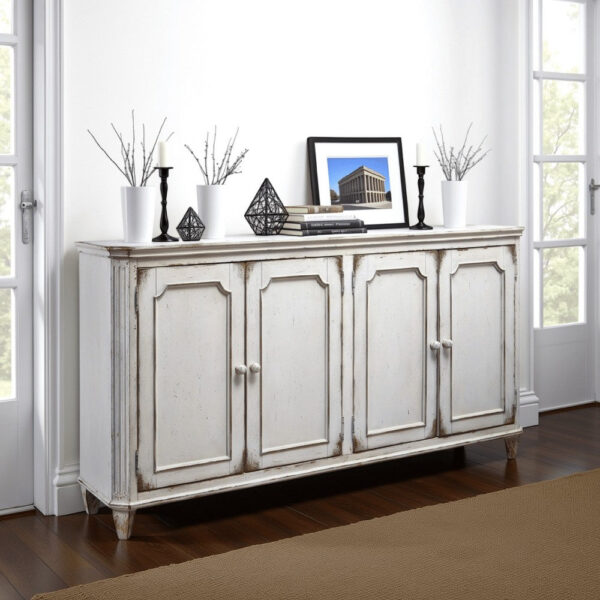 4 Panel Door Cabinet with Fluted Detail, Antique White