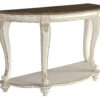 Crescent Moon Wooden Sofa Table with Engraved Details, Brown and White