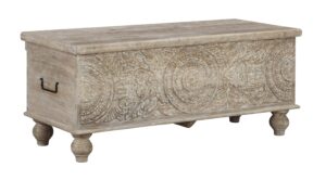 Medallion Pattern Wooden Storage Bench, Hinged Opening, Antique White, Black