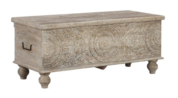 Medallion Pattern Wooden Storage Bench, Hinged Opening, Antique White, Black