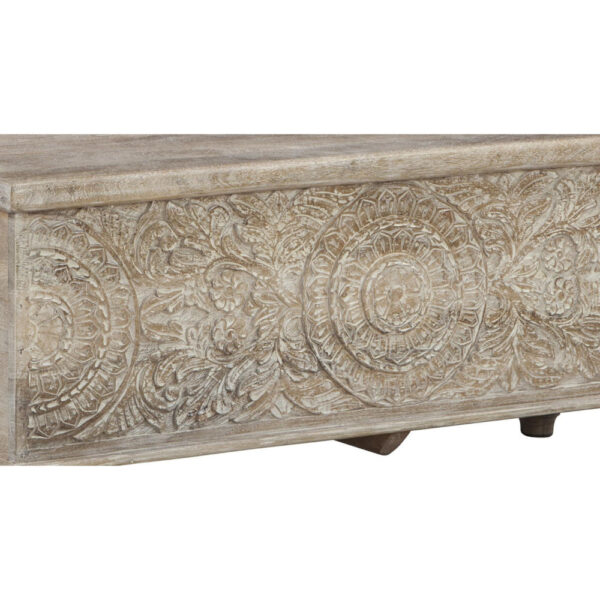 Medallion Pattern Wooden Storage Bench, Hinged Opening, Antique White, Black