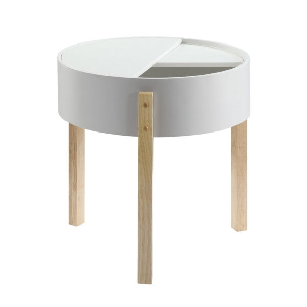 Round Wooden End Table with Hidden Storage, White and Brown