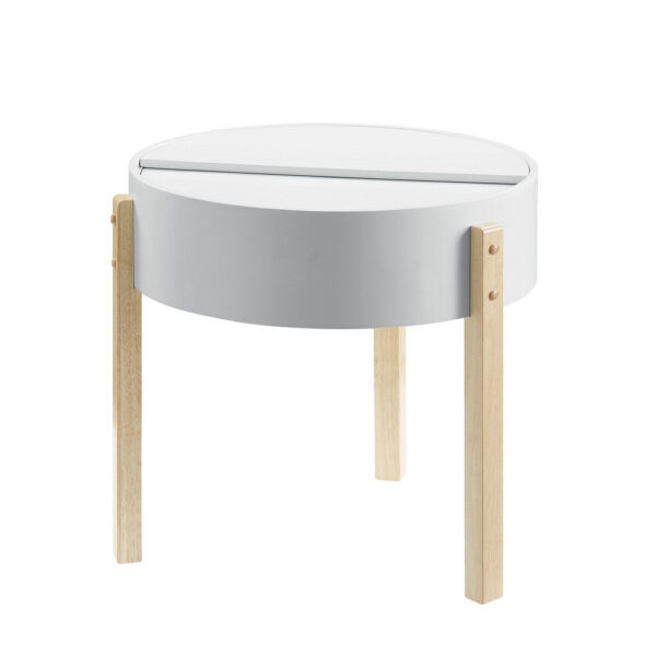 Round Wooden End Table with Hidden Storage, White and Brown
