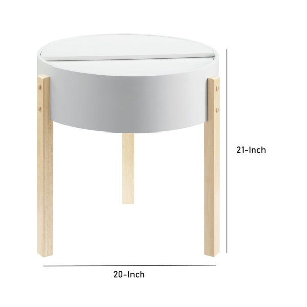 Round Wooden End Table with Hidden Storage, White and Brown