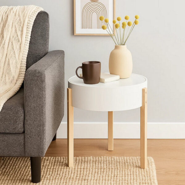 Round Wooden End Table with Hidden Storage, White and Brown