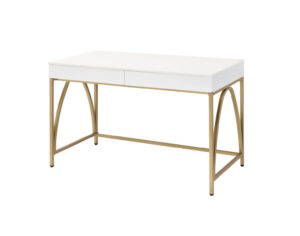 Rectangular Wooden Frame Desk with 2 Drawers and Metal Legs, White and Gold