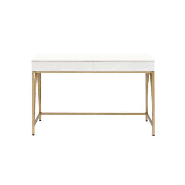 Rectangular Wooden Frame Desk with 2 Drawers and Metal Legs, White and Gold