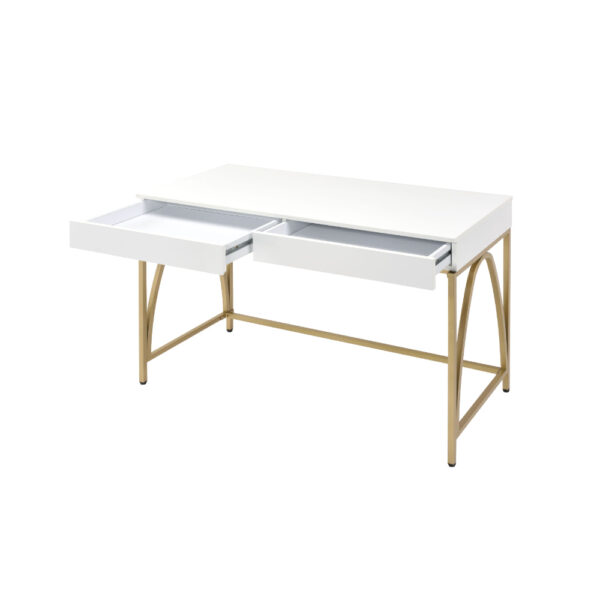 Rectangular Wooden Frame Desk with 2 Drawers and Metal Legs, White and Gold
