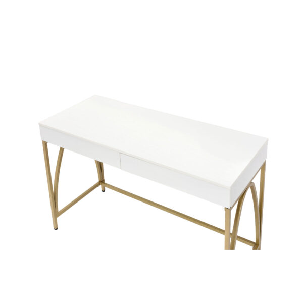 Rectangular Wooden Frame Desk with 2 Drawers and Metal Legs, White and Gold