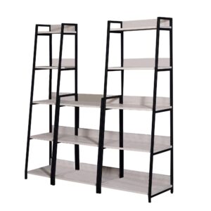 Wooden Bookshelf with 5 Open Compartments, Washed White and Black