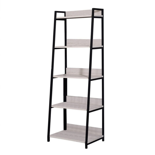 Wooden Bookshelf with 5 Open Compartments, Washed White and Black
