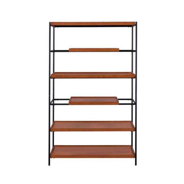 5 Tier Wooden Bookshelf with Open Metal Frame, Oak Brown and Black