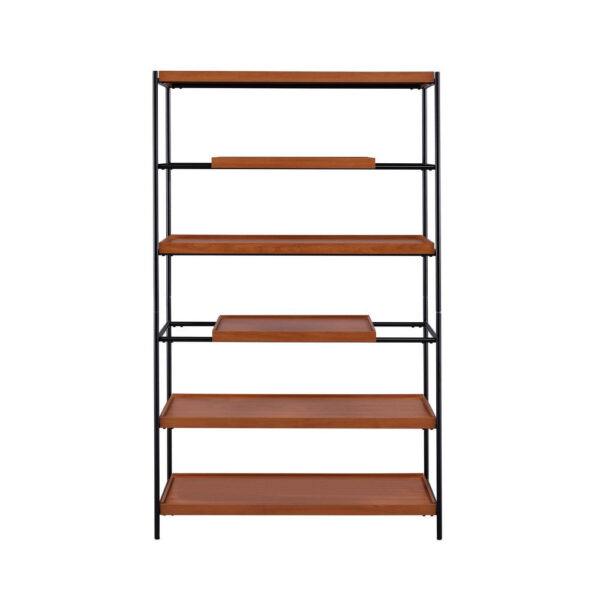 5 Tier Wooden Bookshelf with Open Metal Frame, Oak Brown and Black