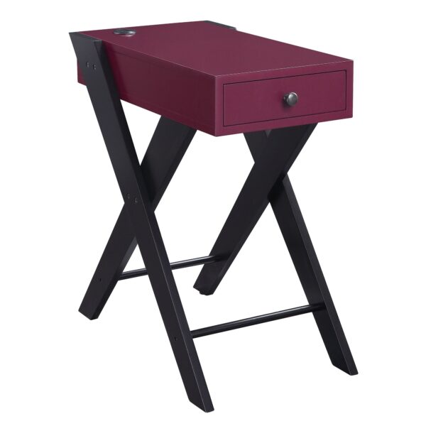 Wooden Frame Side Table with X Shaped Legs and 1 Drawer, Purple and Black