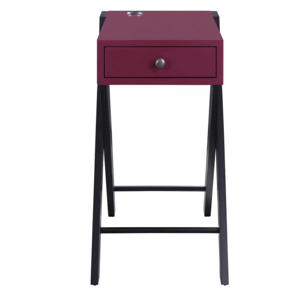 Wooden Frame Side Table with X Shaped Legs and 1 Drawer, Purple and Black