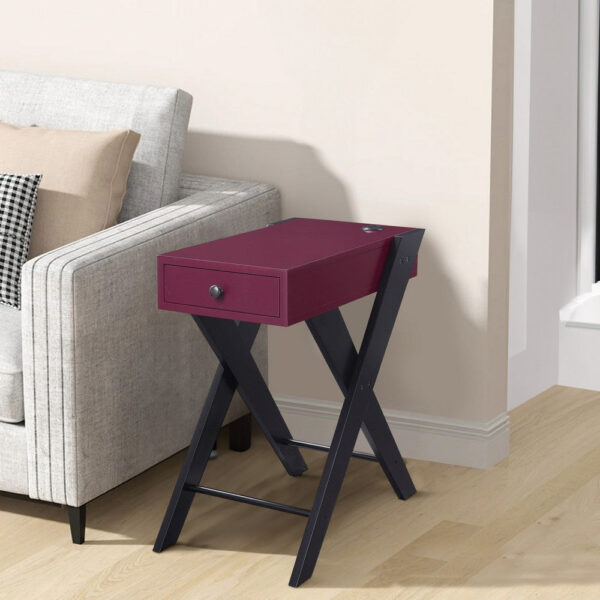 Wooden Frame Side Table with X Shaped Legs and 1 Drawer, Purple and Black