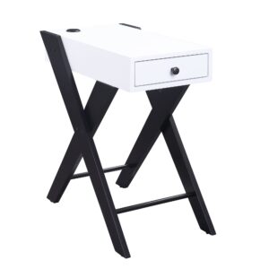 15022026699125abdae0e.jpeg Wooden Frame Side Table with X Shaped Legs and 1 Drawer, White and Black
