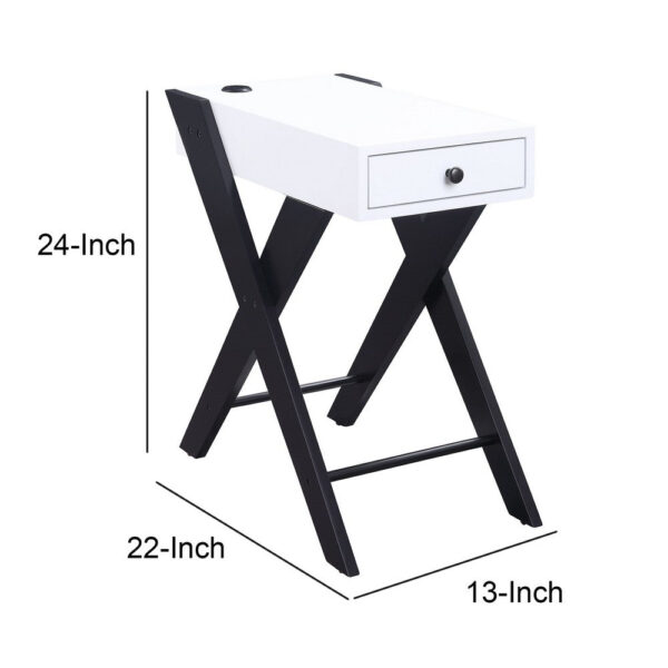 Wooden Frame Side Table with X Shaped Legs and 1 Drawer, White and Black