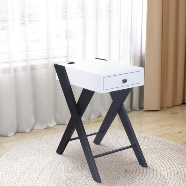 Wooden Frame Side Table with X Shaped Legs and 1 Drawer, White and Black