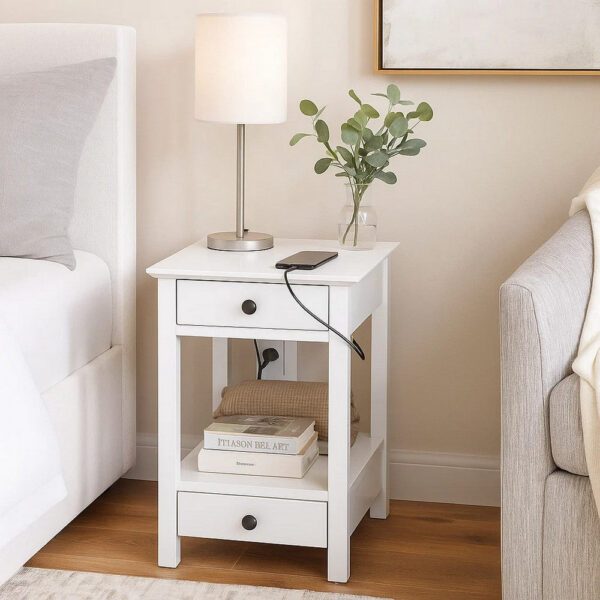 15022026699125d0648d8.jpeg Wooden Frame Side Table with 2 Drawers and 1 Bottom Shelf, White