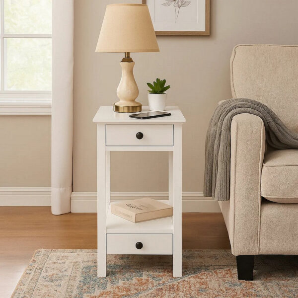 15022026699125d2c59f8.jpeg Wooden Frame Side Table with 2 Drawers and 1 Bottom Shelf, White